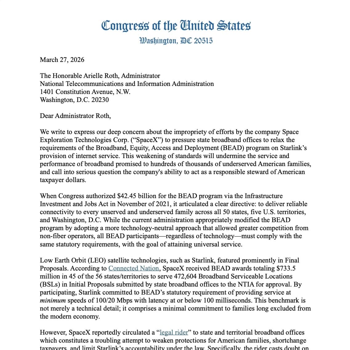 Democratic representatives ask NTIA's Roth not to change BEAD rules for SpaceX